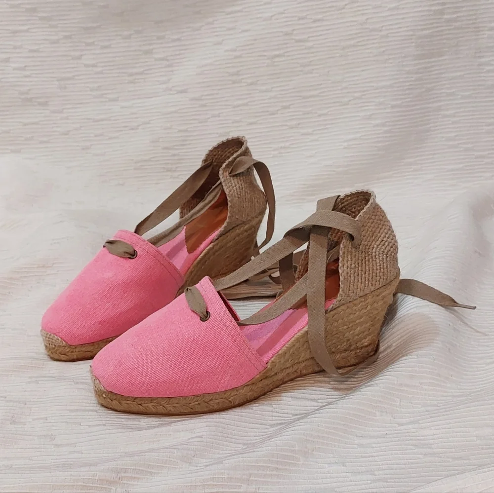 Penelope Chilvers Pink Espadrille Wedge Ankle Tie Sandals Size 40